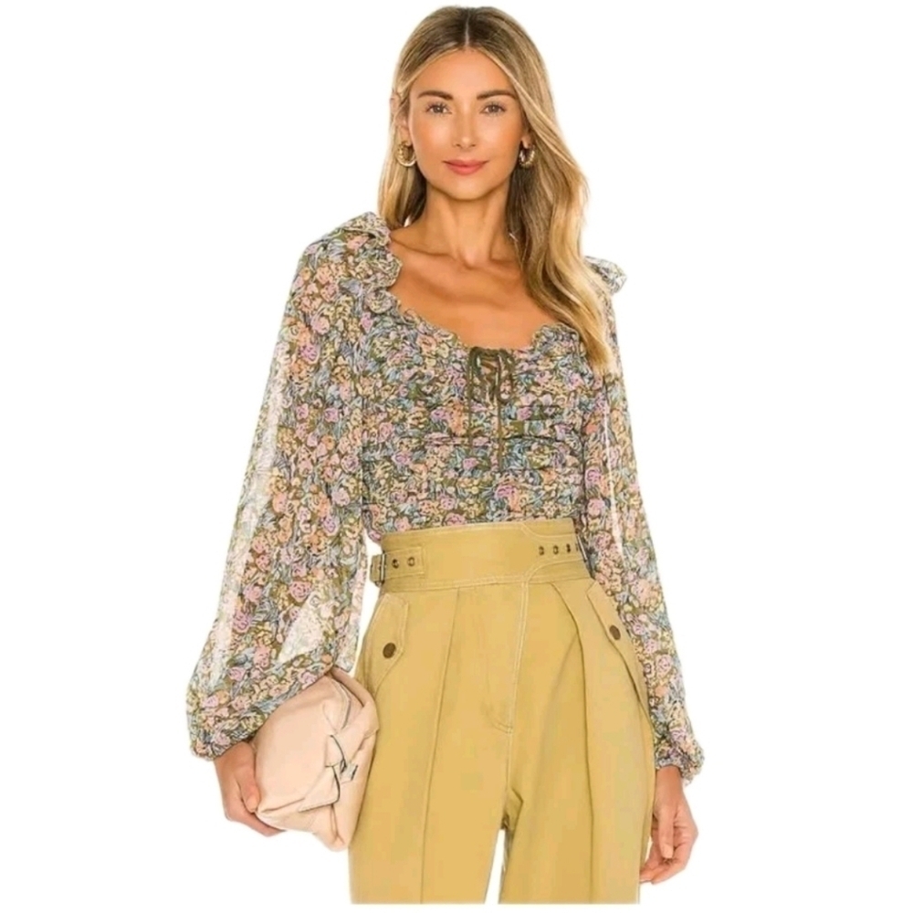 Free People Womens Printed Blouse In Garden Green L NWT
